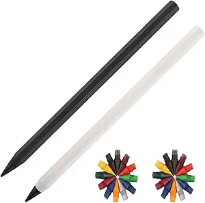 2 PCS Metal Alloy Writing Instrument, Metal Pencil That Never Needs Sharpening, Reusable Pencil for Artists Professionals, 2 Set with 12 Color Replaceable Nibs (White/Black)