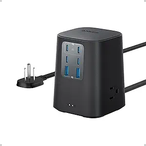 Desktop Charger, 9-in-1 Power Strip with 300J Surge Protector, 5ft Flat Plug Extension Cord with Multiple Devices, 100W USB C Charger with 3 AC, 2 USB A, 4 USB C, Home Office, Desk Accessories