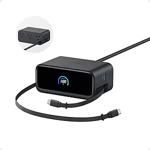 Nano Charging Station, 100W 7-in-1 Power Strip, 2.3ft InstaCord Retractable Cable, Gaming Desk Accessories for Multiple Devices, 3 AC, 3 USB C, 1 USB A, MacBook Charger, Home Office(Non-Battery)
