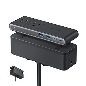 Nano Power Strip, Desk Clamp with 1500J Surge Protector, 5ft Extension Cord, 70W Max Gaming Desk Accessories, 6 AC, 2 USB A, 2 USB C, Home Office Essentials, Fit 0.6~1.8'' Tabletop Edge