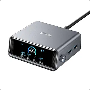 Prime Charging Station, 250W 6-Port GaN USB C Charger, 2.26" LCD Smart Display Control, Compatible with iPhone, Galaxy, MacBook, Dell for Home Office, Gaming Desk Accessories