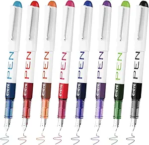 Fountain Pens for Writing, 8 Pack Assorted Colors Fine Point Disposable Fountain Pens Stainless Steel Nib, Smooth Writing for Journaling, Drafting, Sketching, Doodling & Gifts