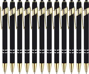 LINFANC 12 Pack Black Gold Ballpoint Pen with Stylus Tip, 1.0 mm Black Ink Smooth Writing Pens, Metal Stylus Pens for Touch Screens