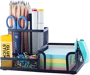 Mesh Pen Holder Desk Organizers Pencil Holder for Desk Black, 3 Compartments Metal Office Supply Organizer with Sticky Notes Holder for School Home Office
