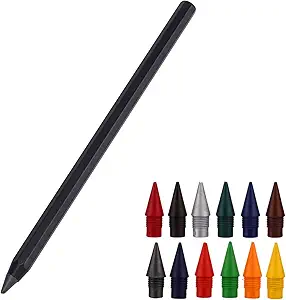 Metal Alloy Writing Instrument, No Sharpening Required Ever Forever Infinite Pencil with 12 Colored Refill Tips Reusable Inkless Everlasting Eternal Pen for Drawing Sketching Artists Students Gift