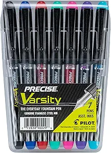 Precise Varsity Pre-Filled Fountain Pens for Writing, Medium Point Stainless Steel Nib, Black/Blue/Red/Pink/Green/Purple/Turquoise Ink, 1.0mm, 7-Pack