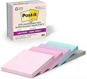 100% Recycled Paper Super Sticky Notes, 3 in. x 3 in., 5 Pads, 70 Sheets per Pad, Wanderlust Pastels, School Supplies and Office Products