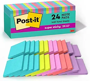 Super Sticky Notes, 24 Sticky Note Pads, 3 x 3 in., School Supplies, Office Products, 2X the Sticking Power, Supernova Neons Collection