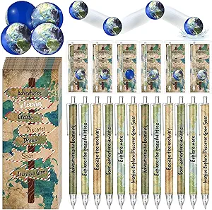 TaoBary 24 Travel Pen Inspirational Explore Learning Ballpoint Pen Earth Rubber Bouncing Ball Map Exploration Card Travel Themed Gifts Educational School Graduation Activities Supplies