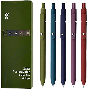 UIXJODO Gel Pens, 5 Pcs 0.5mm Black Ink Pens Fine Point Smooth Writing Pens with Silicone Grip, High-End Series Metal Clip Retractable Pens for Journaling Note Taking (Vintage)