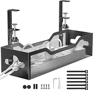 Under Desk Cable Management Tray No Drill, Metal Mesh Cable Management Under Desk with Clamp Mount, 2 Hole Cable Tray with Wire Management and Cord Organizer for Home Office Standing Desk