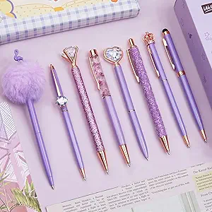 8Pcs Purple Pens, Metal Crystal Diamond Pen with Black & Blue Ink, Pens for Journaling, Office Supplies Fancy Pens for Women, Back to School Supplies for Girls Birthday (Purple)