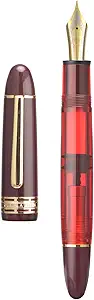 Yongsheng Junlai 630 Acrylic Fountain Pen, Size 8 Medium Nib with Piston Filling System, Wine Red Transparent Barrel with Torpedo Shape Design Smooth Writing Pen (Gold Trim)