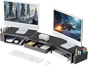 gianotter Dual Monitor Stand Riser, Desk Organizer With Drawer and 2 Pen Holders, Computer Monitor Stand, Desk Shelf for Top of Desk (Black)